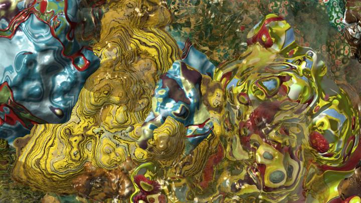 Digitale Darstellung einer organischen Oberfläche in blauen, gelben und roten Farben