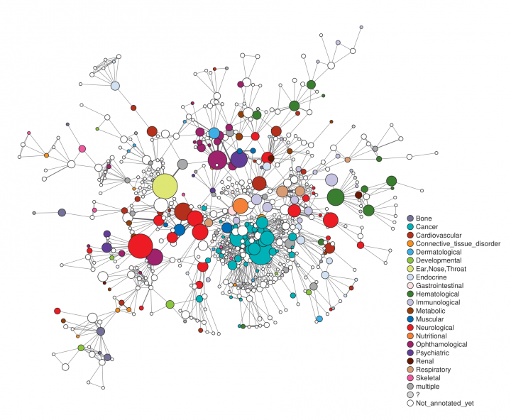 Ein Netzwerk von verschiedenen Krankheiten, dargestellt durch vernetzte Punkte in unterschiedlichen Farben