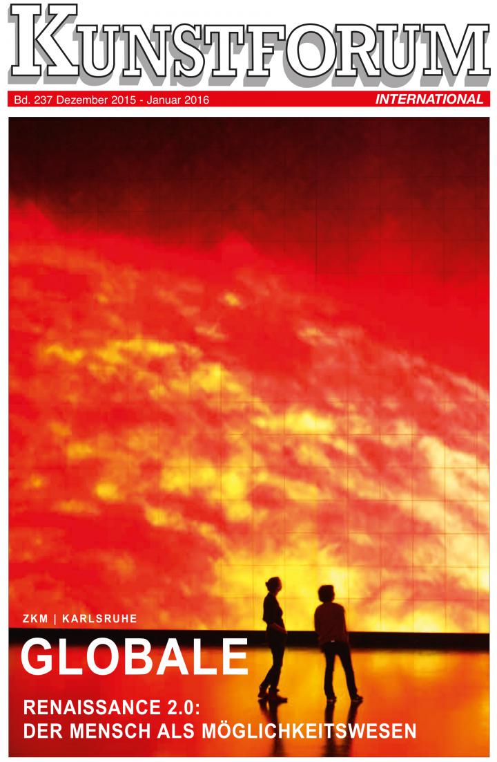 Cover of the magazine »Kunstforum«: Two people standing in front of a projection showing solar flares.