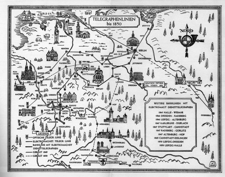 Eine historische Deutschlandkarte mit eingezeichneten Telegrafenlinien