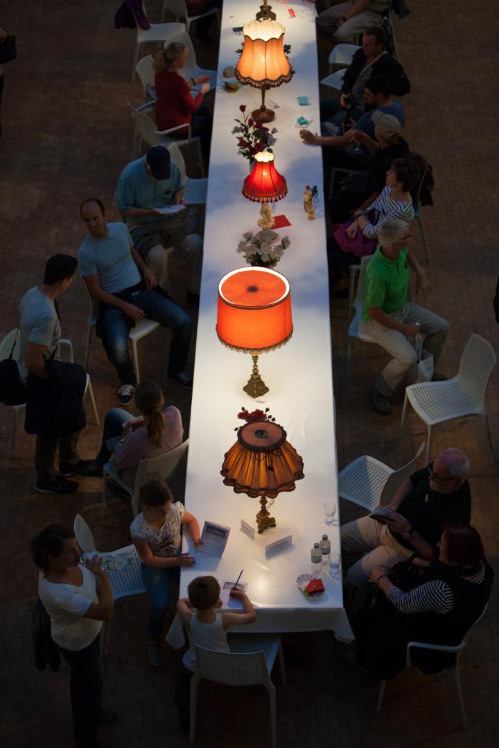 A long table in the Foyer of the ZKM