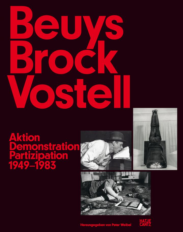 Cover der Publikation »Beuys Brock Vostell«: rote Schrift auf schwarzem Grund, drei Schwarzweißfotos.