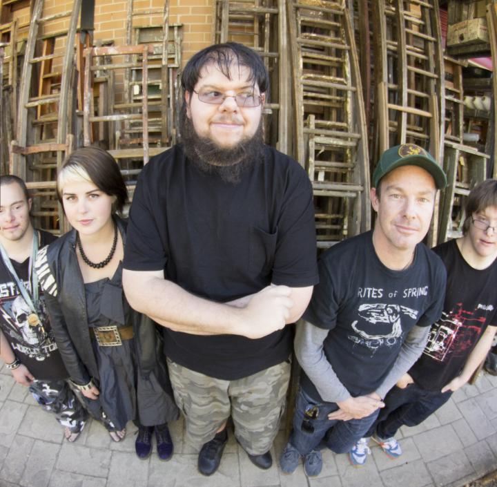 Picture of five persons, photographed with fisheye optics