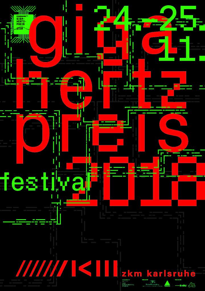 Cover of the publication: Giga-Hertz-Preis 2018. Red and green lettering on black background.