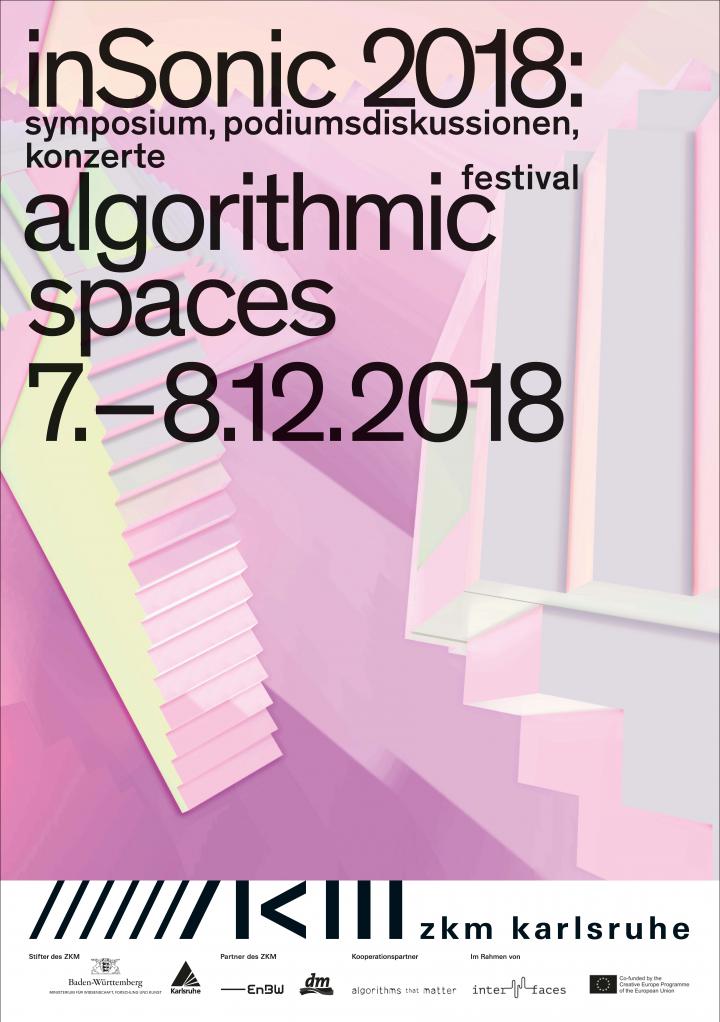 Publication cover: inSonic 2018: algorithmic spaces. Black lettering on light purple, light pink, yellow, blue graphics.