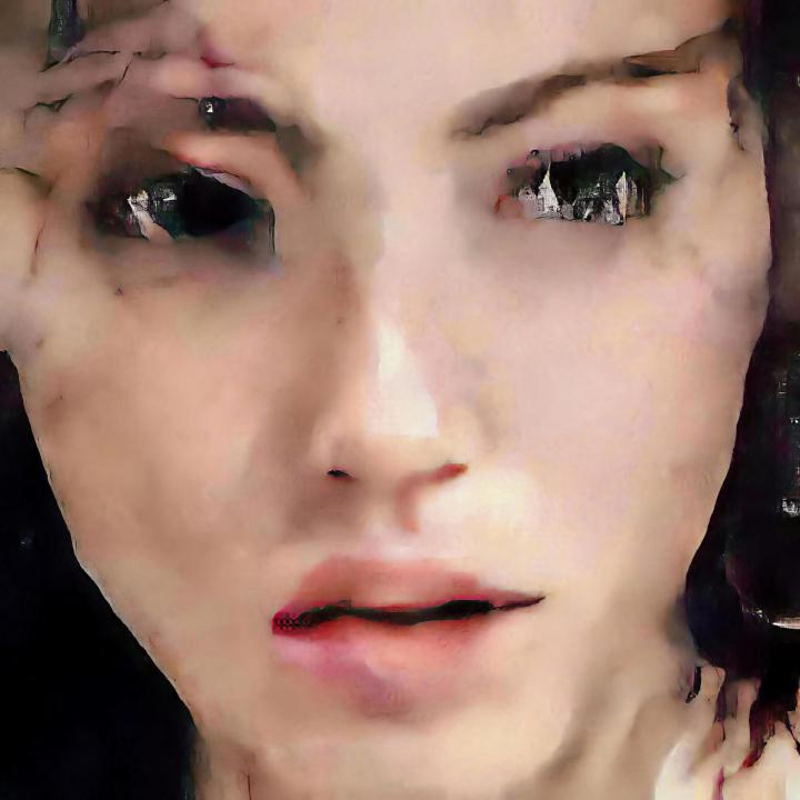Face of a woman. The portrait, which looks like a painting, was created with the help of artificial intelligence.