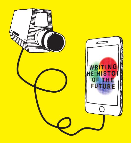 The logo of the exhibition »Writing the History of the Future« can be seen on the screen of a smartphone. To the left of it floats a video camera connected to that smartphone by cable.
