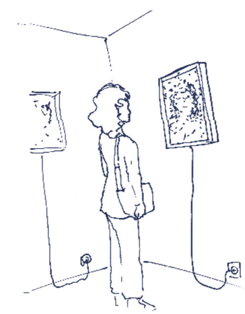 Skizze für den interaktiven Bildschirmaufbau von »Portrait on a Fly«, eine Person steht vor dem Bildschirm der in Form von Insekten ihr Abbild formt