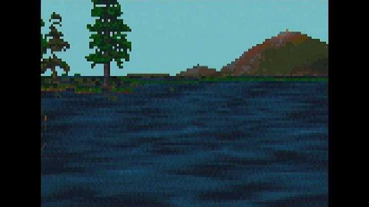 Pixelartige Darstellung eines Sees mit zwei Bäumen und einem Berg