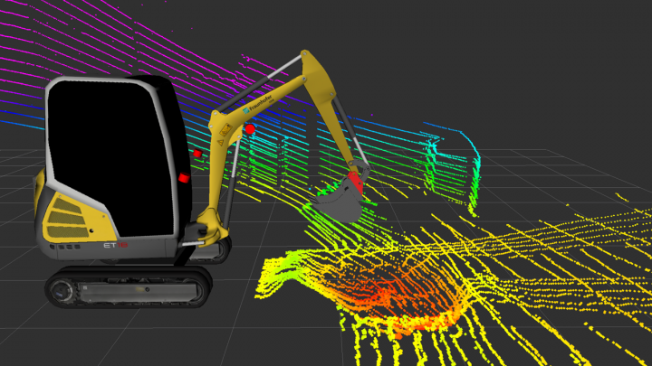 Computer animation of a yellow excavator with colorful lines