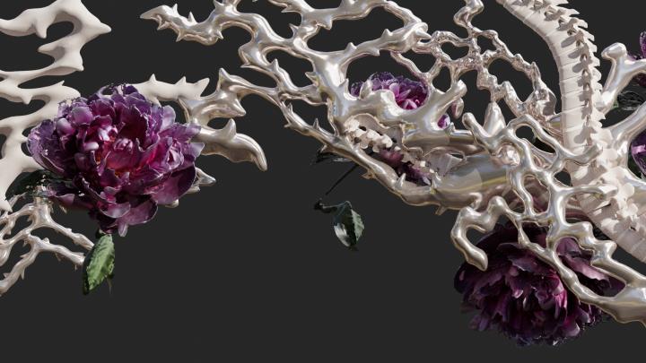 Flowers in dark purple in front of a bone-like white construct. The background is black.