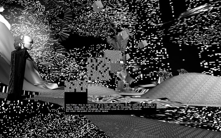 Grafische Simulation eines Raumes in schwarz und weiss mit Textelementen