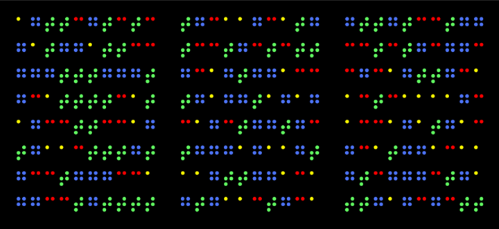 Arrangement of different coloured dots on a black background
