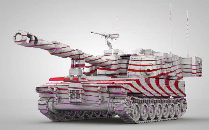 Animated white tank with red and pink running dazzle camouflage