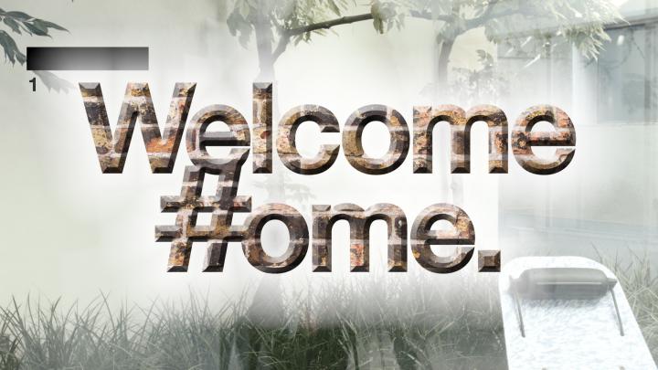 Marbled »Welcome #ome.« lettering on animated background indicating a meadow with tree and on the right a house
