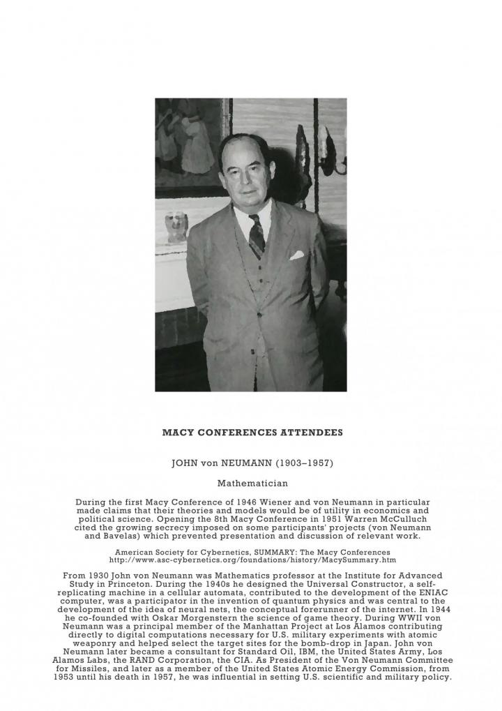 The picture shows a photo of the mathematician John von Neumann at the Macy Conference 1946, below the photo is a short description of the conference and a biography of John von Neumann.