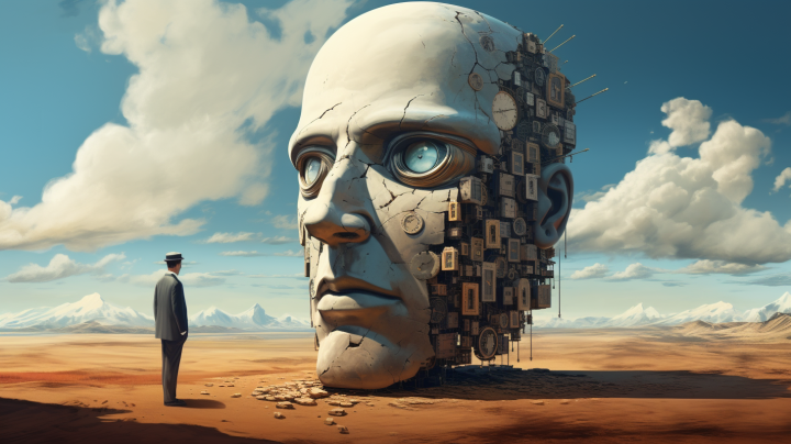 The picture shows a desert-like landscape. On the left of the picture, a man in a suit is looking at a kind of sculpture, a large head whose side facing the viewer is made of clocks. 