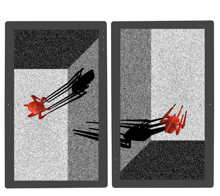 Zu sehen sind zwei rechteckige Zeichnungen in verschiedene Graustufen mit einer spinnenähnlichen, roten Figur, die einen großen Schatten wirft 