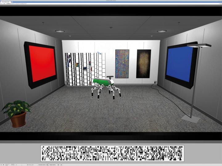Computer animation of a room with screens and objects on the walls and a robot in the middle of the room