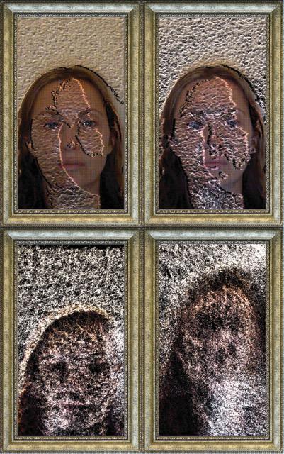 You can see four frames with the profile of a woman which gets more and more distorted from top left to bottom right