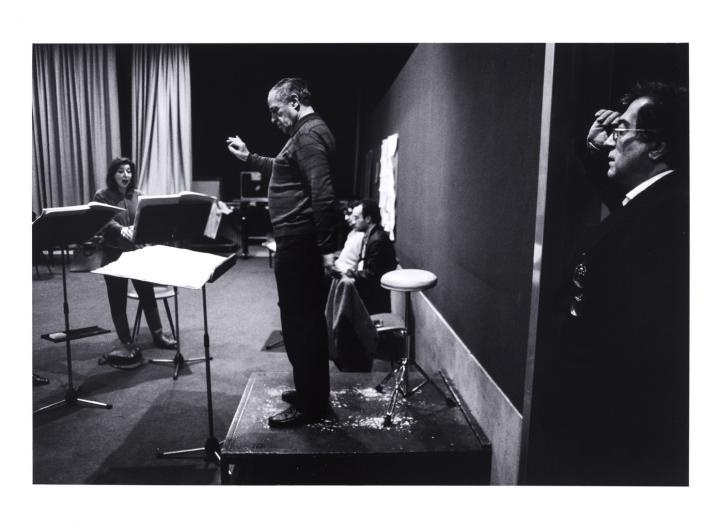Werk - Luciano Berio listening to his piece conducted by Pierre Boulez during rehearsal in Paris