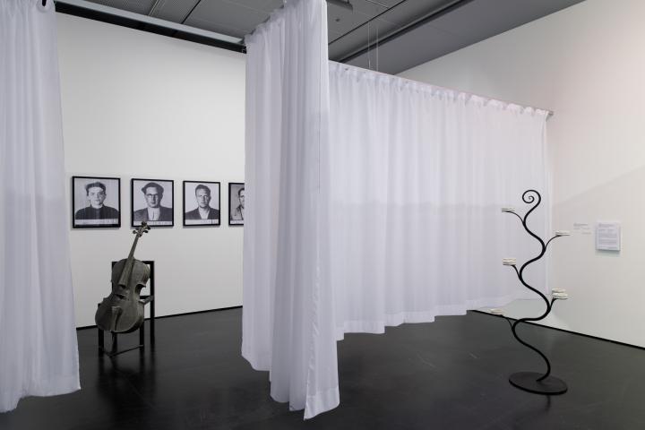 Everything's black and white. On the left side of on the wall are  three and a half framed, hanged portraits. In front, on a chair, a stringless violin. In the middle a white curtain separates the room. On the right a tendril-like black structure.