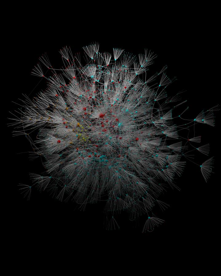 A visualization of a network is shown. The shape of the network reminds of a star that explodes.