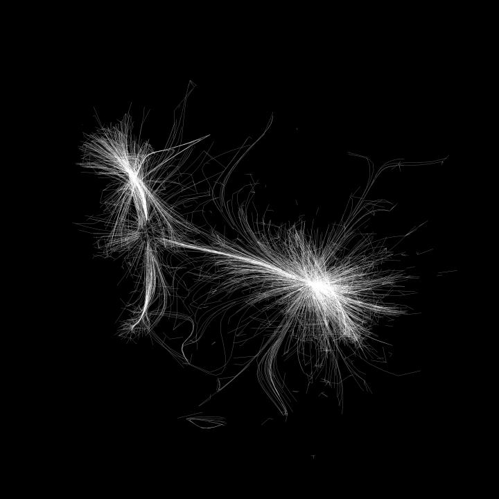 A visualisation of a network. It resembles fringed white threads on a black background