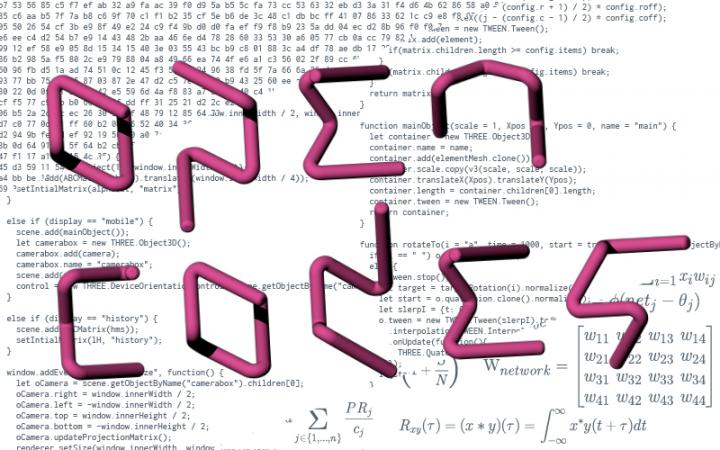 The lettering »Open Codes« in magenta against a background of code. 
