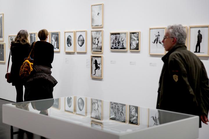 Two women and a man walk past walls with pictures