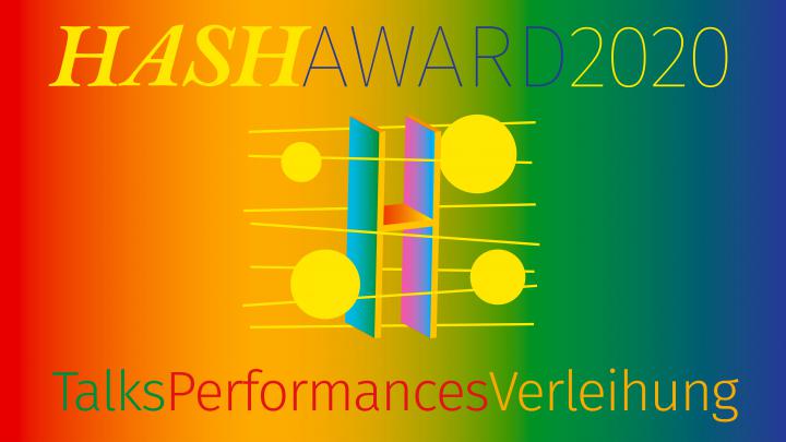 Plakat des HASH Award 2020 am ZKM Karlsruhe. Eine gelb-grüne Grafik aus geometrischen Elementen.