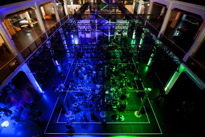  The picture shows the fully filled green and blue illuminated ZKM foyer