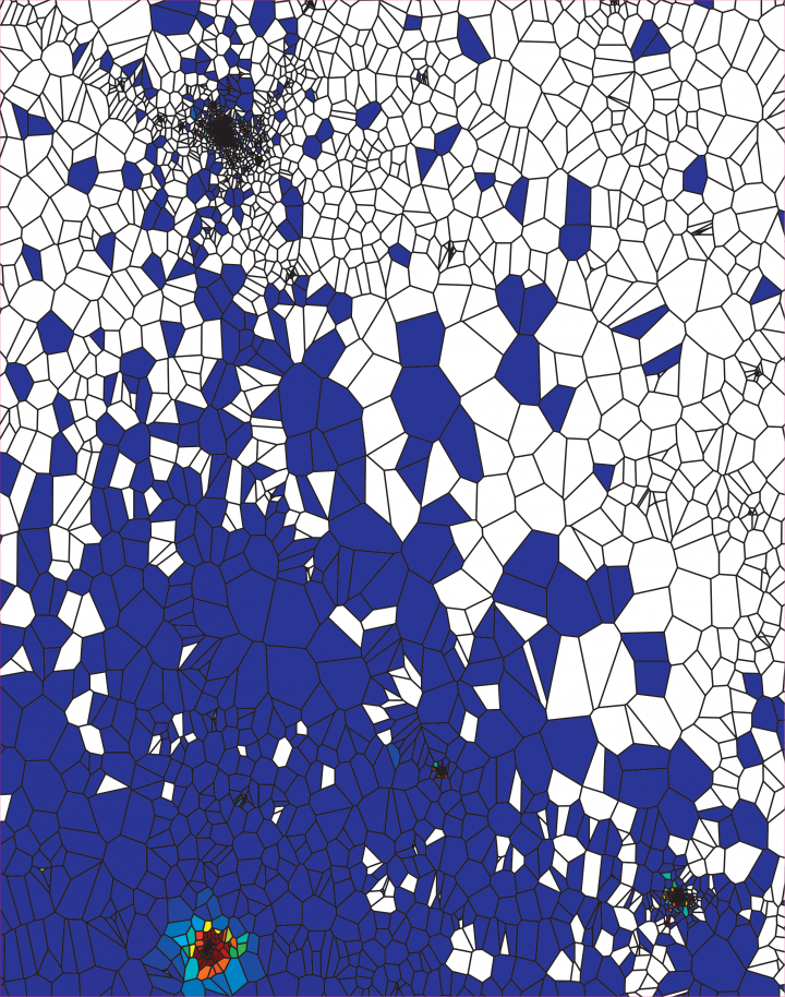 Geographische Karten mit Linien ähnlich einer Zellstruktur. Eingefärbte Zellen stellen die virusbefallenen Gebiete dar, die sich von Bild zu Bild weiter ausbreiten, bis sie die ganze Karte bedecken.