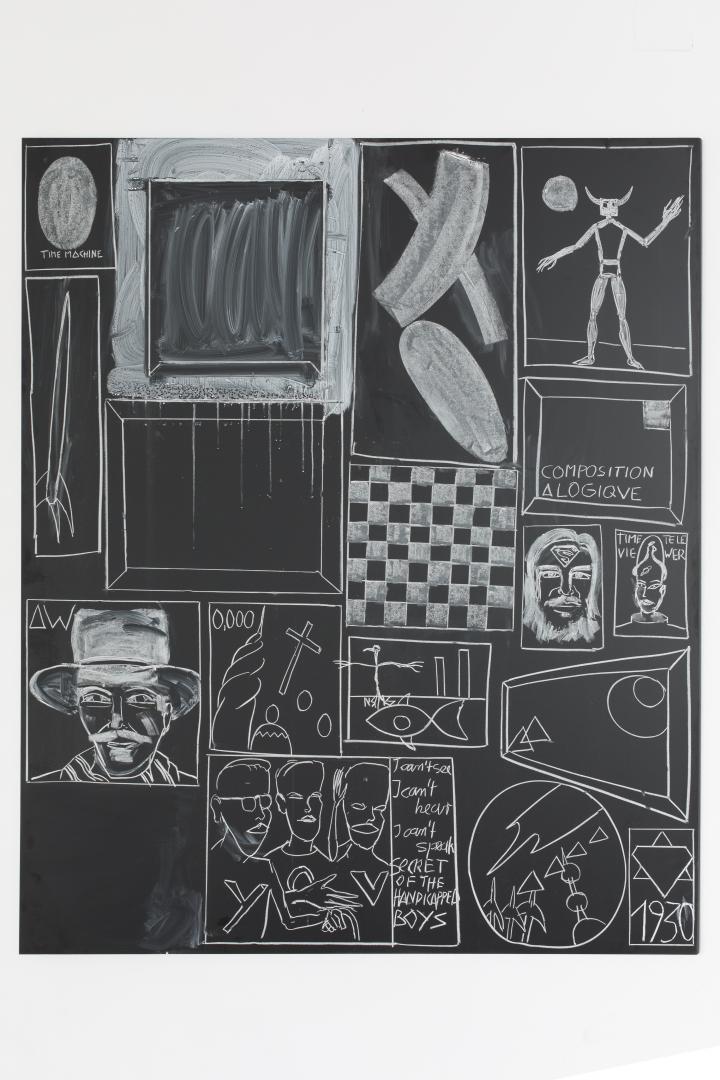 Panel by the artist Andy Hope 1930: White drawings on black ground