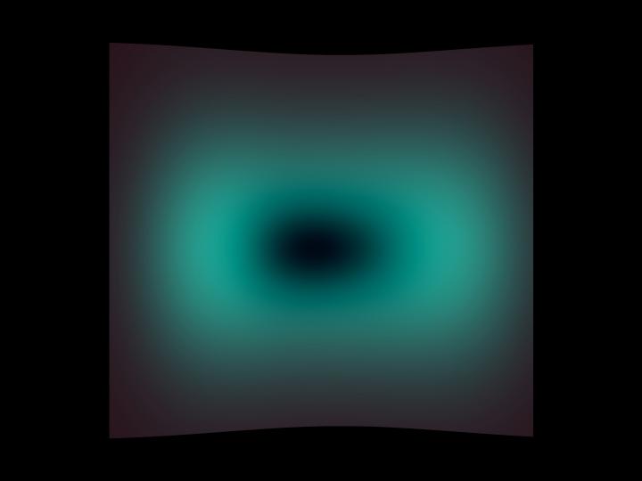 Eine dunkle Leinwand mit einem blau-grünen Kreis – die Installation »Omni-Vermille« 