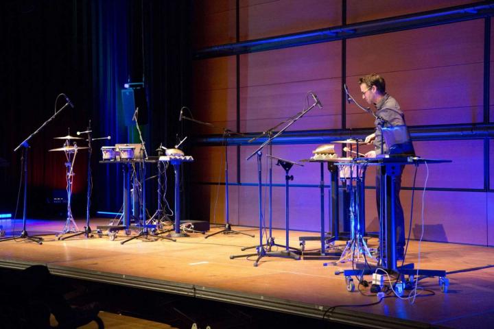 Drummer Manuel Alcaraz Clemente and a robotized drum kit perform Artemi – Maria Giotis composition »Imitation Game« as part of the Giga-Hertz award festival 2019 at ZKM | Center for Art and Media Karlsruhe