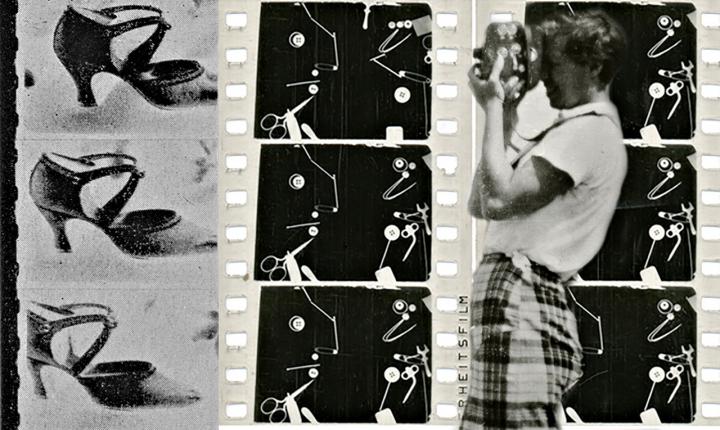 Eine Fotomontage aus drei Filmstreifen in schwarz-weiß, davor eine Person mit Kamera.