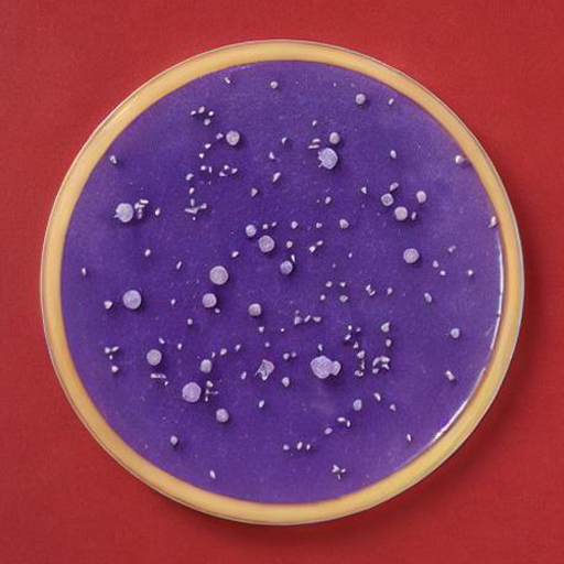 A petri dish with blue filling and white spots against a red background.