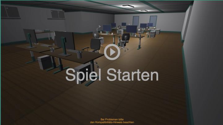 Homescreen of the online game »Phishing Master«,  abandoned animated open plan office, above it the writing "start game".