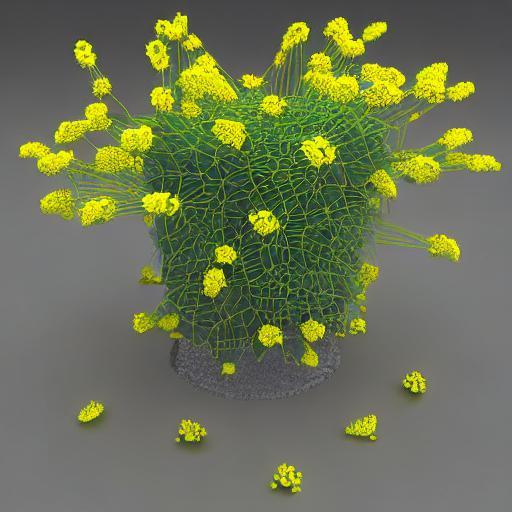 KI-generiertes Bild eines grünen Netzwerks mit gelben Blüten. Das Ganze erinnert an einen Blumenstrauß vor grauem Hintergrund.