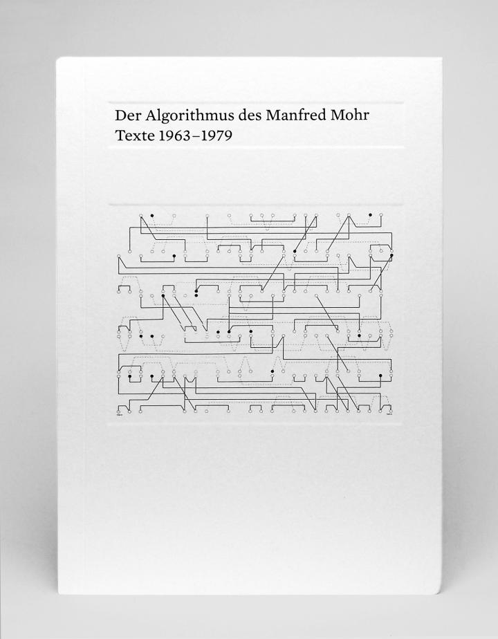 Cover der Publikation »Der Algorithmus des Manfred Mohr«: schwarzer Text und eine feine Linienzeichnung auf weißem Grund.