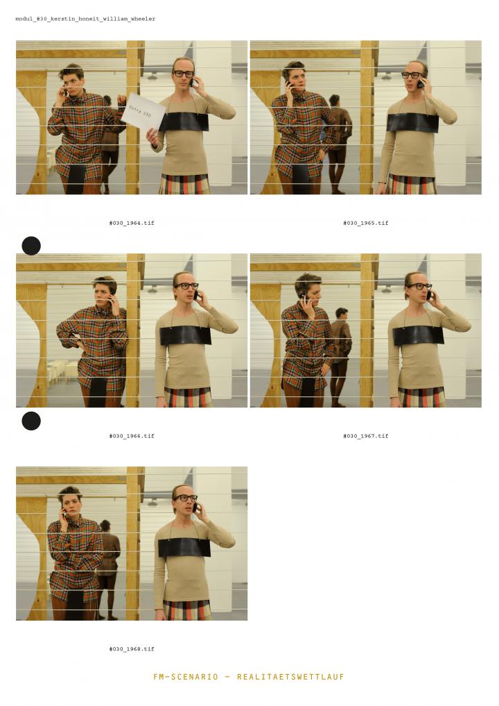 The cover of the publication »Eran Schaerf. FM Scenario - reality race« shows a series of photographs taken during a performance: A man and a person without clear gender identity are using mobile phones.