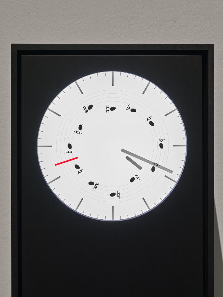 "Twelve-tone clock" by Bernd Lintermann and Götz Dipper. A clock can be seen. Instead of numbers, there are musical notes on the clock.