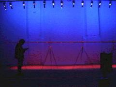A empty room glowing in blue and red