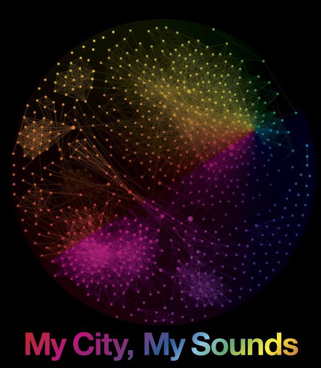  Poster of the project »My City, My Sounds«: color dots and text on black background