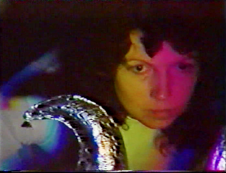 Man sieht Ulrike Rosenbach, die Medien-Künstlerin, in ihrem Performance Werk die Eulenspieglerin im Jahr 1985. Das Videostill zeigt das Gesicht von Ulrike Rosenbach mit schwarzen Locken und hinter einem bunten Filter. 