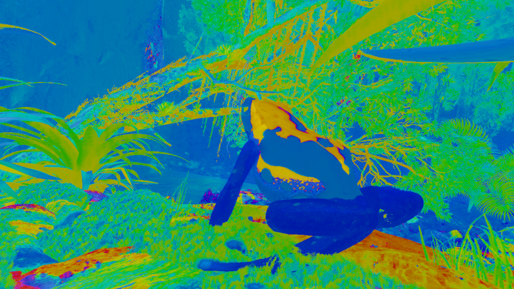 Grüne, blaue und gelbe Farben zeigen einen Frosch in natürlicher Umgebung