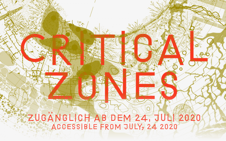 Die Grafik der Ausstellung »Critical Zones« am ZKM Karlsruhe. Der Titel steht in Orange vor einer abstrakten, gelblichen Karte.