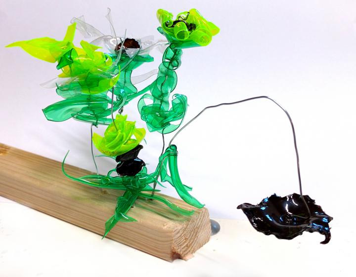 Winding around some wire that sticks inside a log, some bizarre looking flowers out of plastik are growing upwards. They are made out of PET-bottles in green, yellow, clear and black.