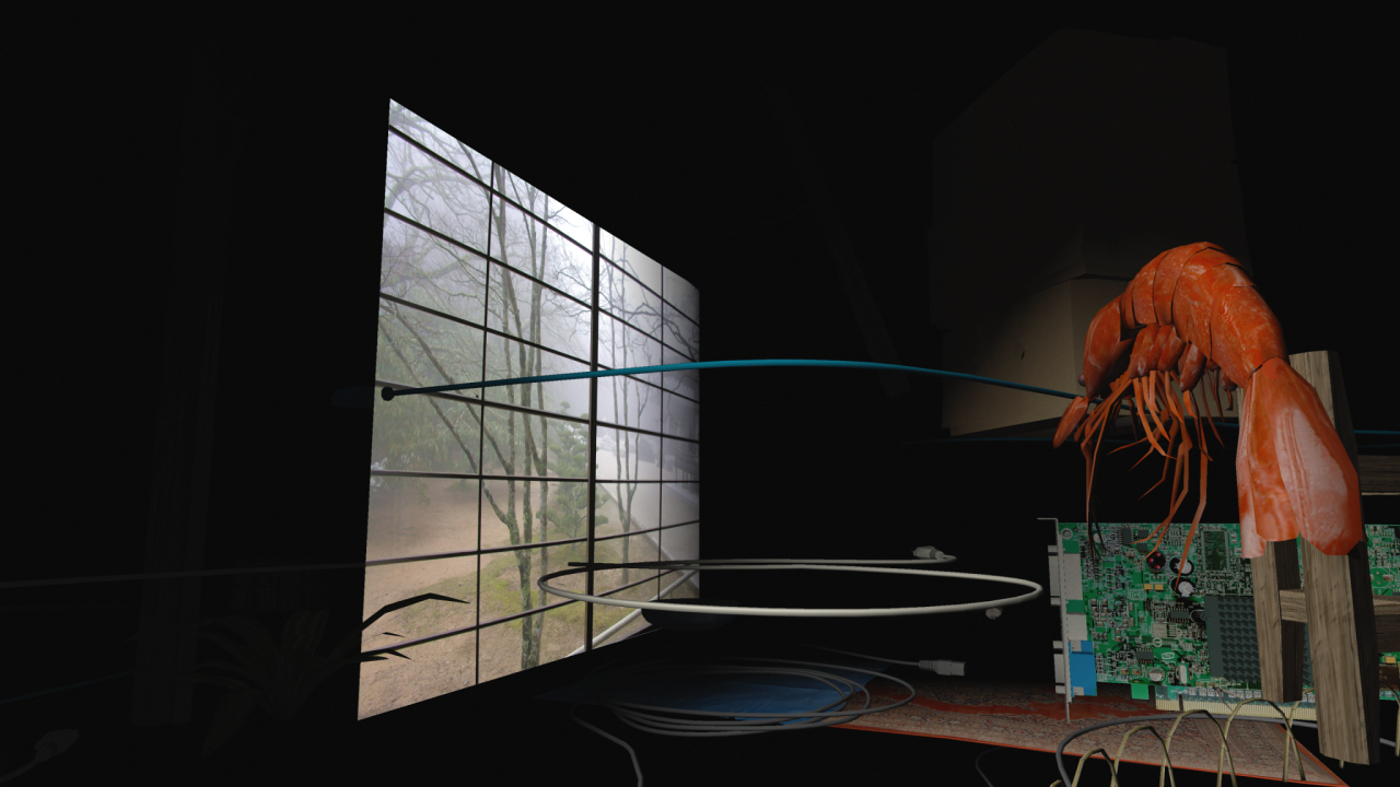 Digitale Animation eines dunklen Raumes mit einem Fenster und einer großen Krabbe